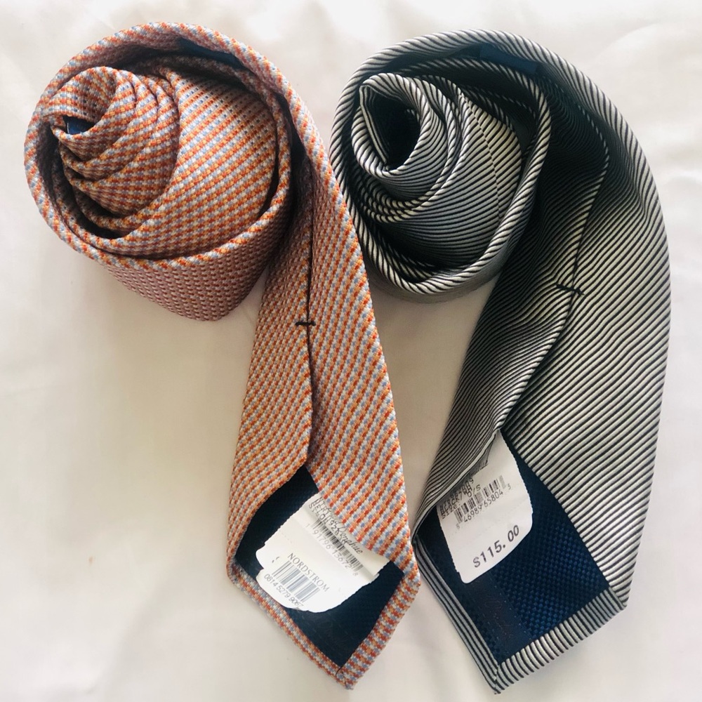David Donahue Orange Blue & White multi & Black & White Patterned Silk Ties Set